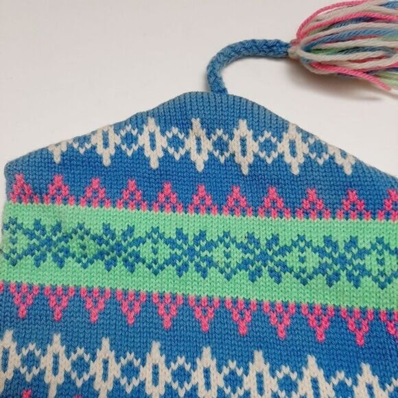 Retro 80's MURRAY MERKLEY 100% Wool Intarsia Geo Pattern Knit Beanie Hat Pom-Pom - Picture 8 of 16